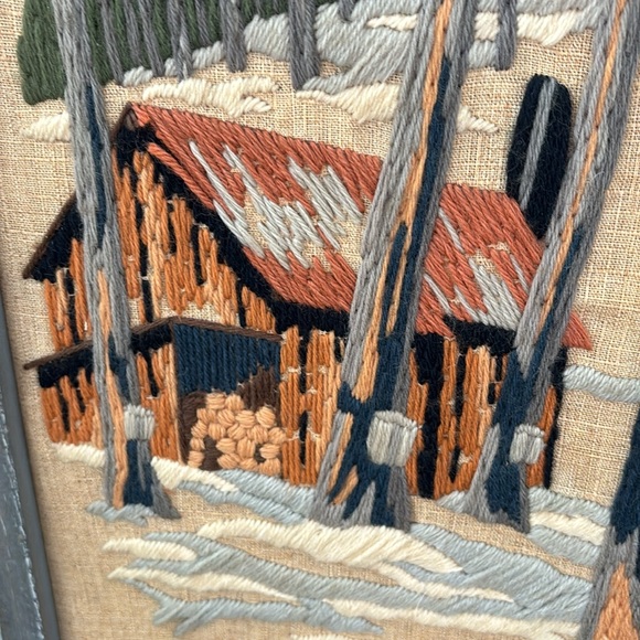 Vintage crewel sugar shack and maple trees, rustic frame, 12.5 x 23 inches - Picture 1 of 7